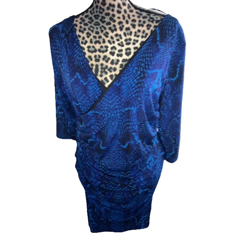 jennifer lopez Dress XL Blue Animal Print Midi Cross Wrap Stretch Form Fit